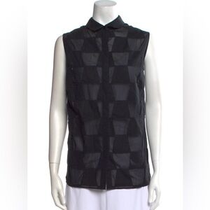 Akris Black Cotton Trapezoid Print Sheer Sleeveless Collared Tank Blouse Size 12